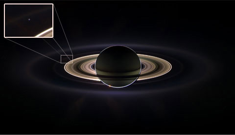 A recent photo from the Cassini spacecraft shows the mighty planet Saturn, and if you look
very closely between its wing-like rings, a faint pinprick of light. That tiny dot is
Earth bustling with life as we know it. The image is the second ever taken of our world
from deep space. The first, captured by the Voyager spacecraft in 1990, stunned many
people, including the famous astronomer Carl Sagan who called our seemingly miniscule
planet a "pale blue dot" and "the only home we've ever known." A recent photo from the Cassini spacecraft shows the mighty planet Saturn, and if you look
very closely between its wing-like rings, a faint pinprick of light. That tiny dot is
Earth bustling with life as we know it. The image is the second ever taken of our world
from deep space. The first, captured by the Voyager spacecraft in 1990, stunned many
people, including the famous astronomer Carl Sagan who called our seemingly miniscule
planet a "pale blue dot" and "the only home we've ever known."